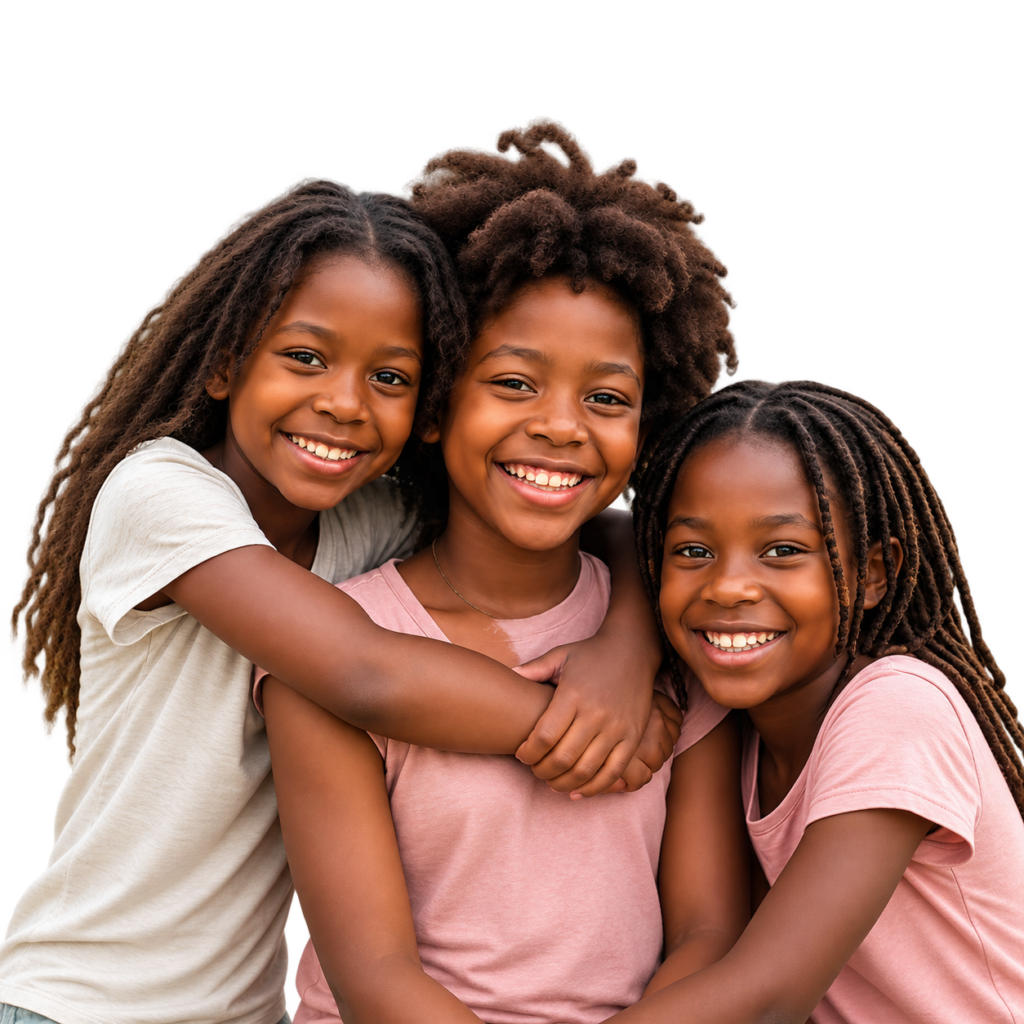 Tres niñas de la comunidad sonriendo abrazadas