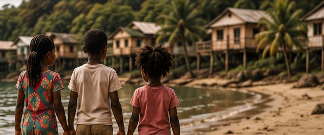 Tres niños de la mano caminando por la orilla frente a las casas del pueblo