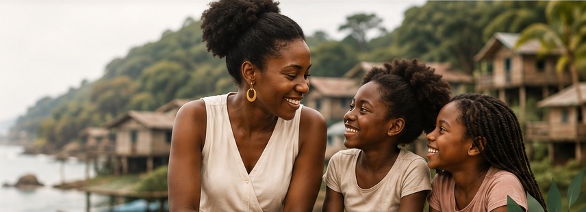 Madre e hijas sonriendo en la costa