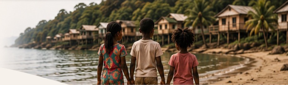 Tres niños de la mano caminando por la playa frente a casas palafíticas