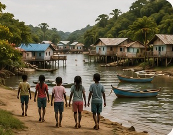 Niños caminando junto a casas palafíticas