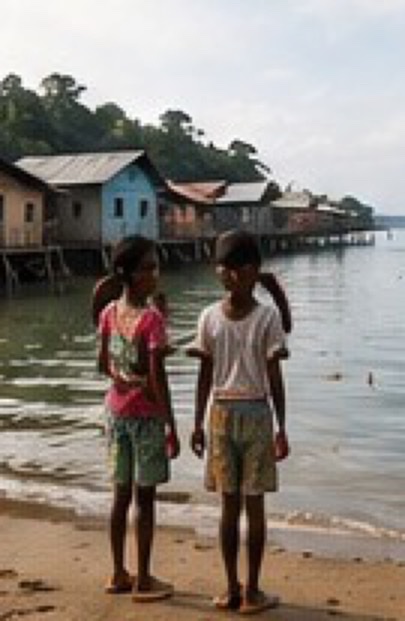 Dos niñas en la orilla del mar frente a casas palafíticas